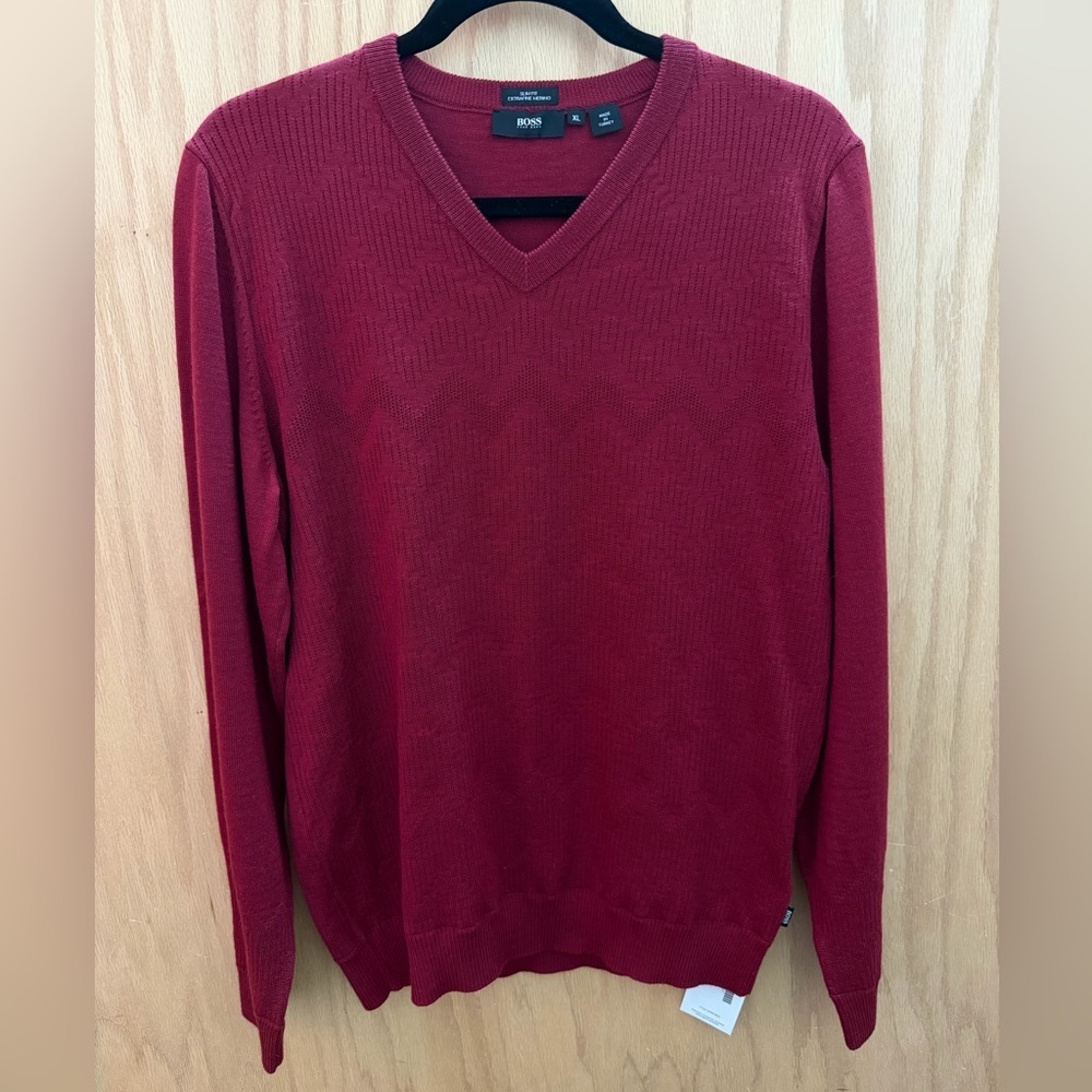 Hugo Boss Men’s V-Neck Wool Sweater in Rich Red